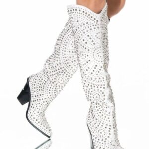 Luxury Crystal Rivet Knee High Boots Women Texas