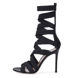 European and American Womens Black Elastic Belt Heel Sandals